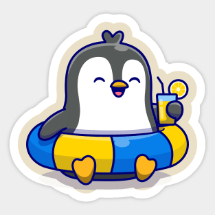 Cute Penguin With Swimming Tires And Orange Juice Cartoon Sticker